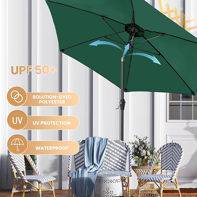 Ayge 7.5FT Large Outdoor Patio Umbrella Market Table Umbrella-UV Resistant, Easy Push Button Tilt and Crank, 6 Sturdy Fiberglass Ribs Heavy-Duty Pool Umbrella for Deck, Backyard,Garden, Yard,Green
