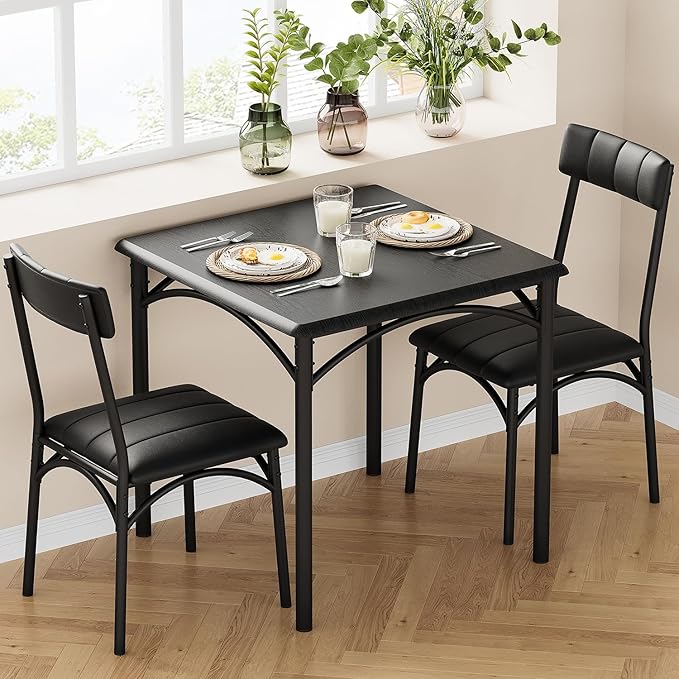 3-Piece Dining Table Set for 2, Kitchen Table Set with 2 Upholstered Chairs, Square Dining Table Set for Apartment, Studio, Small Space, Black