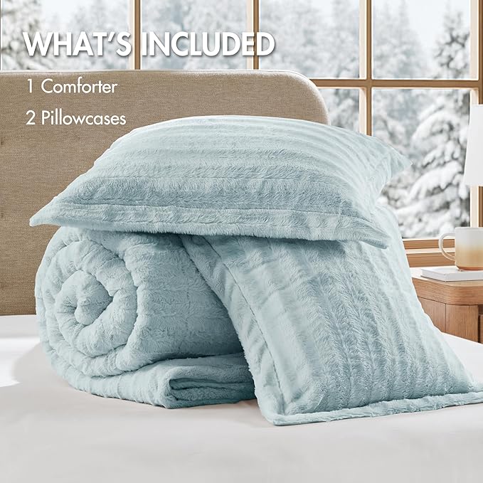 Madison Park Duke Luxe Faux Fur Reversible Comforter Set, Soft Plush Reverse, Modern Down Alternative Filling Cozy Bedding, Box Quilted Warm Cover, Matching Shams, Full/Queen, Aqua 3 Piece