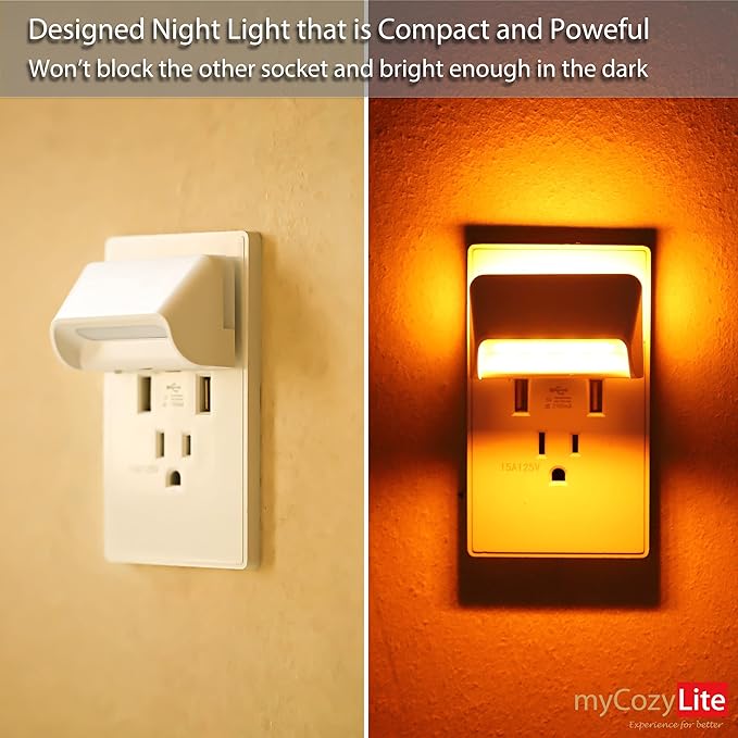 myCozyLite Amber Night Light Plug in, Dual Light Modes Adjustable, Dusk to Dawn Sensor, Automatic ON Off, 2 Pack Night Lights Plug into Wall for Bedroom, Bathroom, Kitchen, Hallway, Stairway