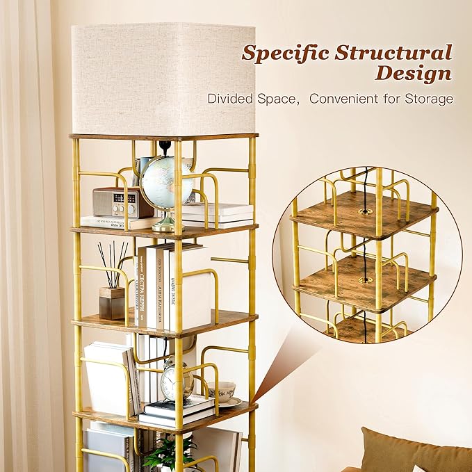 5 Tier Rotating Bookshelf with LED Light 360° Swivel Bookcase with Wheels Space-Saving Tall Corner Shelf Square Floor Standing Shelf Metal and Wood Bookshelves for Bedroom Living Room Office