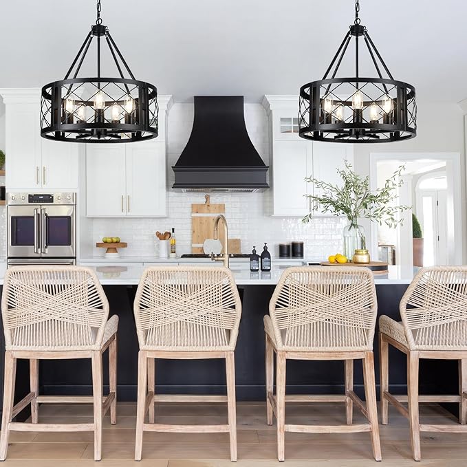 5-Light Farmhouse Chandelier 19.8" Black Rustic Chandelier for Dining Room Wood Texture Adjustable Pendant Light Fixture for Kitchen Island Entryway Bedroom Hallway