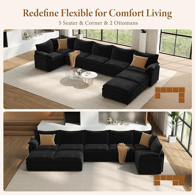 Vesgantti Large Modular Sectional Sofa, Big Comfy Cloud Couch with Ottoman Deep Seat Corduroy Cloud Sofa, 8 Seater Large Sectional Couches for Living Room, Bedroom and Apartment, Black | Sink-in Comfort, Height Adjustable, Easy Rearrangement, Extra-dee...