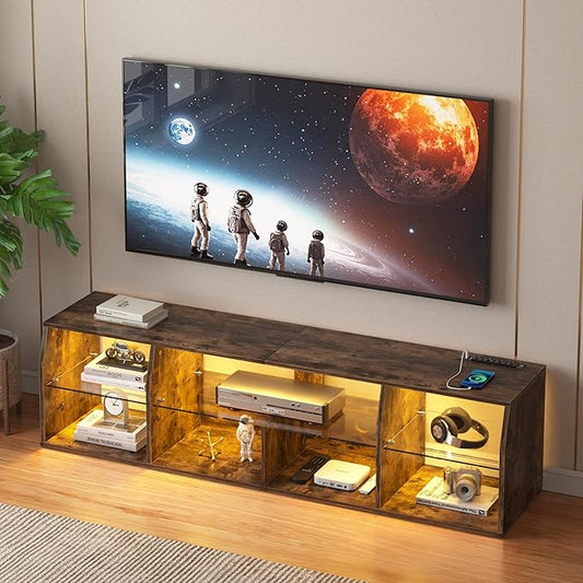 VECELO LED TV Stand for 65 inch, Entertainment Center with Power Outlets, Industrial Television Cabinet with 7 Open Storage Shelves, for Living Room and Bedroom, Retro Brown, 65inch