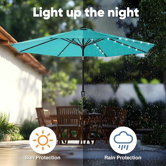 DUMOS 10 FT Outdoor Patio Umbrella with 32 LED Lights UV-Resistant Market Umbrella with Tilt Adjustment & Crank Lift, All-Weather Shade for Backyard, Deck, Garden, Beach - Classic Blue