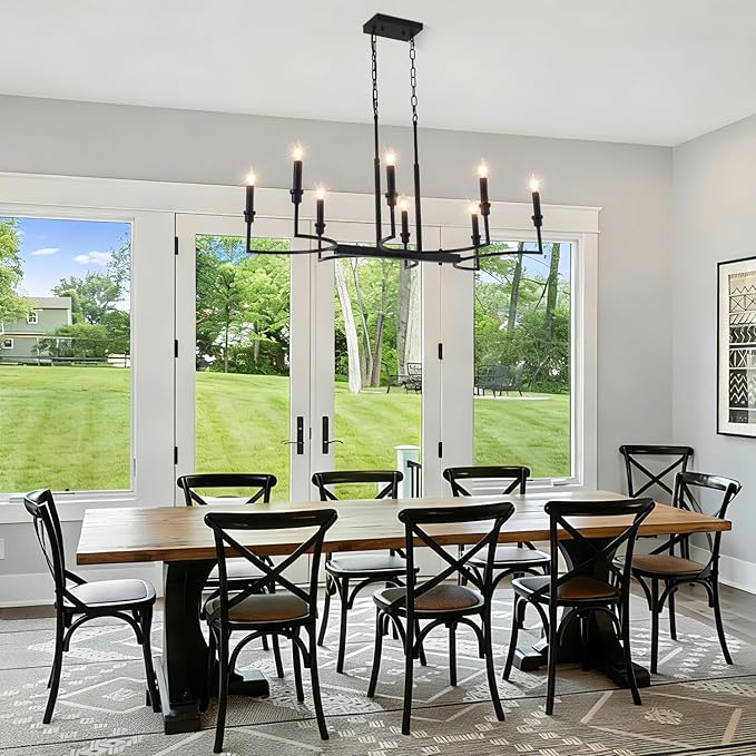 8-Light Black Chandelier, Farmhouse Dining Room Light Fixtures Over Table, Metal Candle Rectangular Chandelier Light Fixture Dining Retro Kitchen Island Lighting Living Room Entryway37in