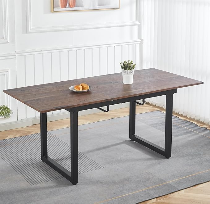 55''- 71'' Extendable Dining Room Table, Expandable Dining Table with Metal Leg, Modern Mid Century Large Table, for 2-6 Person, Walnut Brown