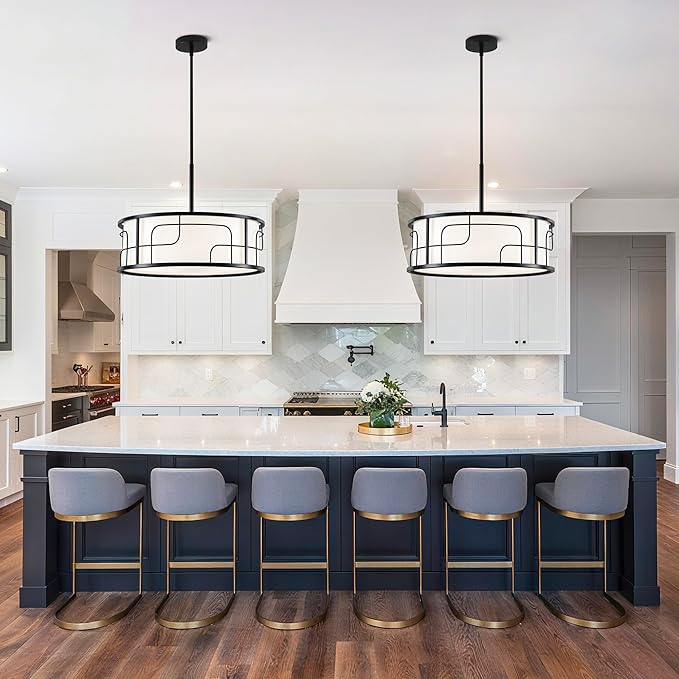 19.68" Drum Pendant Light - Black and White Linear Design Adjustable Chandelier for Dining Room, Kitchen Island, Living Room, Foyer (5 Lights)