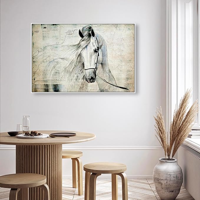 Country Farmhouse Canvas Print Painting Animal Wall Art 'Southern White Horse' White Framed Canvas Rustic Home Décor 45x30 in Gray, Brown by Oliver Gal