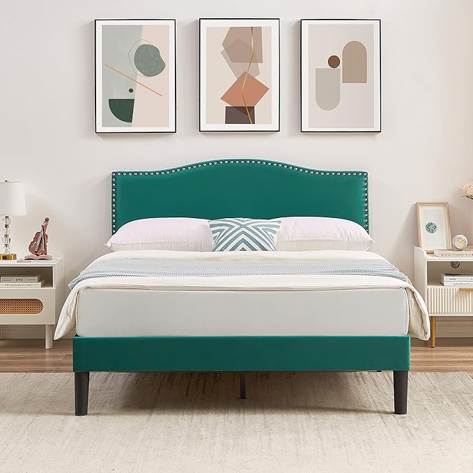VECELO Full Bed Frame Platform Bed Frame with Upholstered Headboard, Strong Frame and Wooden Slats Support, Strong Weight Capacity, Non-Slip and Noise-Free, Easy Assembly,Dark Green