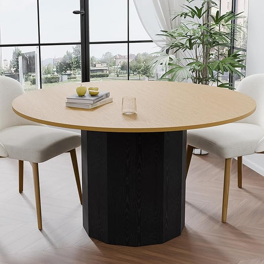 Modern Round Dining Table for 6 People, Casaphoria 52 Inch Wood Top & Black Base, Two-Tone Design for Dining Room