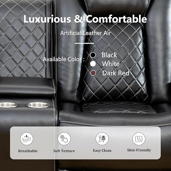 Power Recliner Sofa Set with LED, Black Leather Reclining Living Room Sofa, Muti-Functional Recliner Sofa and Couch with Storage Console/Cup Holders/USB Ports
