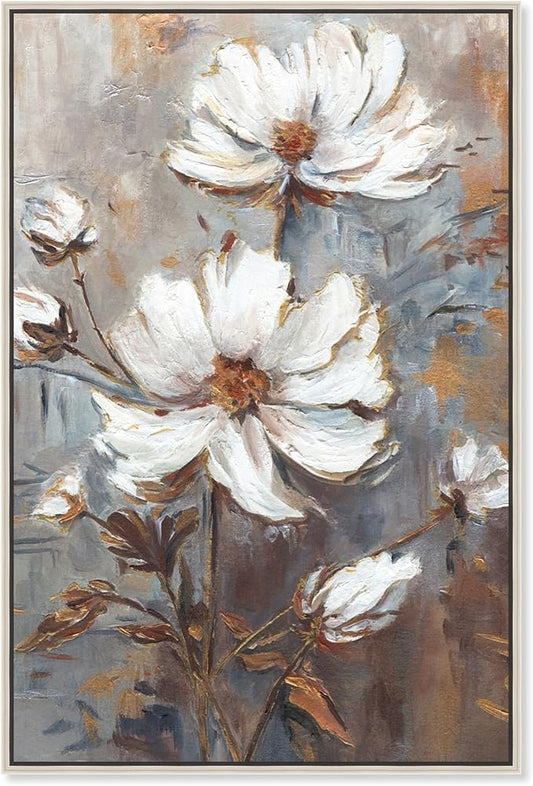 Art Remedy White Textured Flowers Canvas Elegant Floral Wall Art, Silver Frame, 36" x 54"