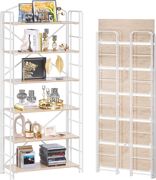 UDD Folding Bookshelf No Assembly, 65" H x 23.7" W, 6 Shelf Foldable Bookcase Industrial Collapsible Bookshelves, Open Storage Book Shelves for Small Spaces Home Office Living Room, Light Oak White