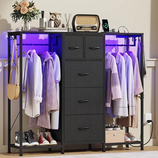 49.2”W Dresser with 2 Hanging Racks, 5 Drawers Dresser with LED Lights & Charging Station, Dressers with Clothes Rack, Shoe Racks and Side Hooks, TV Stand Chest of Drawers for Bedroom, Black