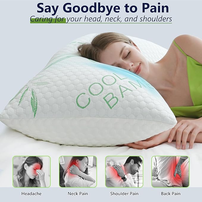 Cooling Pillows, Shredded Memory Foam Pillows Standard Size Set of 2 Adjustable Firm Bamboo Bed Pillows for Hot, Side, Back and Stomach Sleepers
