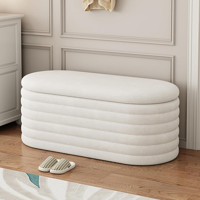 Storage Ottoman Bench 40 inch Upholstered Chenille Fabric Storage Bench for Bedroom End of Bed Stool Aesthetic Large Storag Ottoman for Living Room Entryway,White