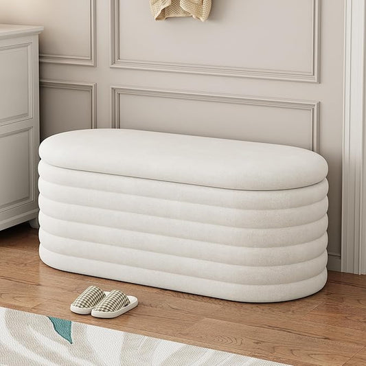 Ball & Cast 40" Oval Ottoman with Storage, Chenille Upholstered Entryway Bench with Safty Hinges for Living Room, End of Bed, No Assembly Required,White