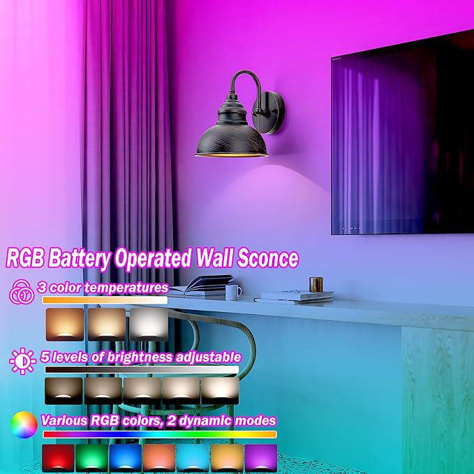 Industrial Battery Operated Wall Sconces Set of Two Wall Light Fixture with Remote, Indoor Not Hardwired Wall Mount Lamp for Bedroom Bathroom Vanity Light, Easy to Install, Batteries Included