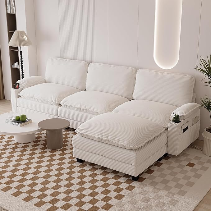 113" Convertible L Shaped Modular Sectional Sofa with Ottoman, Deep Seat Cloud Corner Couch with Layered Cushion, Corduroy Upholstered Sofa Couches w/Cupholders and Side Pockets | Wood Frame, Solid Legs