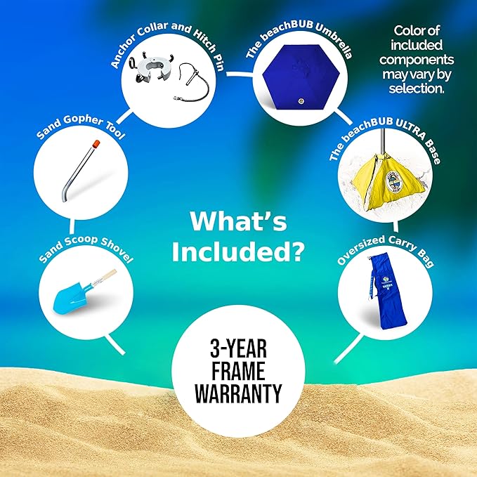 BEACHBUB ALL-IN-ONE BEACH UMBRELLA SYSTEM. Includes ULTRA Base (compliant with the ASTM F3681-24 Beach Umbrella Safety Standard). (Sun-kissed Yellow)
