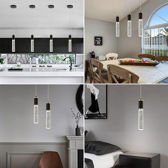 3-Pack Modern Crystal Pendant Light for Kitchen Island, Elegant Black Gold LED Bubble Hanging Chandelier Lighting Fixture for Dining Room Bedside
