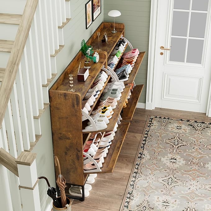 Shoe Cabinet, Shoe Storage Cabinet with 2 Flip Drawers & Adjustable Shelf, Space-Saving Shoe Organizer – Holds 16+ Pairs, Narrow Shoe Cabinet Storage for Entryway/Hallway（Brown）