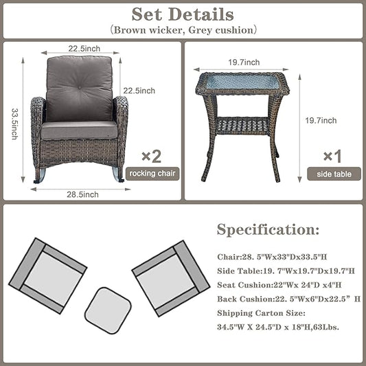 Belord Wicker Porch Rocking Chairs - 3 Pieces Patio Bistro Set High Back Outdoor Rocker Chairs Set with Side Table for Deck Balcony Brown/Grey