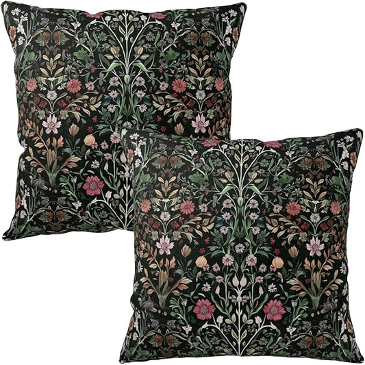 Black Sage Green Floral Pillow Covers 20x20 Set of 2 Vintage Botanica Fern Leaf Throw Pillow Cover Spring Flower Plants Farmhouse Pillowcases for Sofa Couch Home Decor