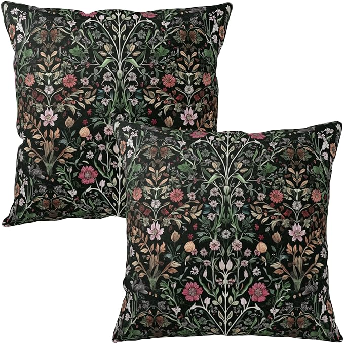 Black Sage Green Floral Pillow Covers 18x18 Set of 2 Vintage Botanica Fern Leaf Throw Pillow Cover Spring Flower Plants Farmhouse Pillowcases for Sofa Couch Home Decor