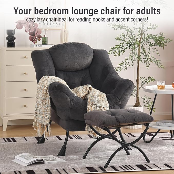 Lazy Chair with Ottoman, Modern Chair with Folding Footrest, Plush Navy Accent Chair, Comfortable Reading Chair, Oversized Armchairs for Bedroom, Study, Living Room, Courtyard