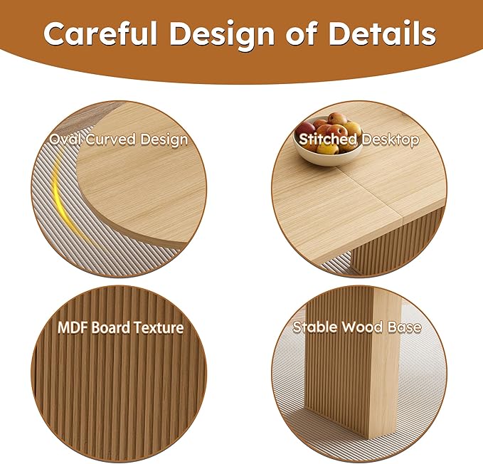 KEIKI 63" Oval Kitchen Table, Modern Farmhouse Kitchen Dining Table for 4-6, Large Round Pedestal Dining Table with Wood Strip Base, Waterproof Scratch Resistant Surface, Natural