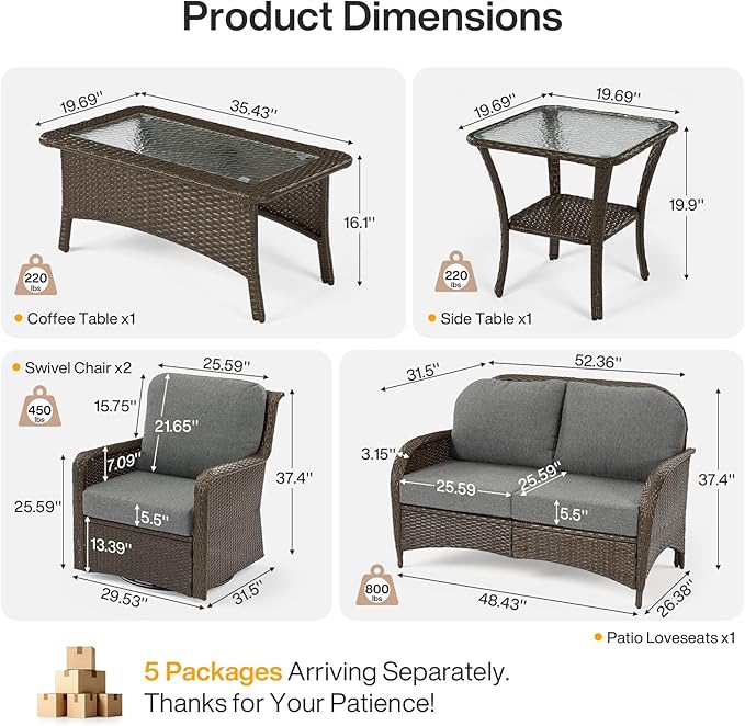 Tribesigns 5-Piece Outdoor Wicker Patio Furniture Set with 2 Swivel Chairs, 1 Loveseat & 2 Tables, All-Weather PE Rattan Conversation Set with Thick Gray Cushions, Brown Wicker Patio Set for Backyard