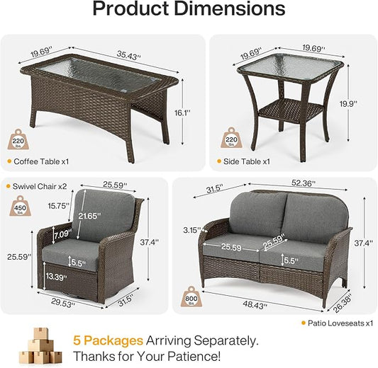 Tribesigns 5-Piece Outdoor Wicker Patio Furniture Set with 2 Swivel Chairs, 1 Loveseat & 2 Tables, All-Weather PE Rattan Conversation Set with Thick Gray Cushions, Brown Wicker Patio Set for Backyard