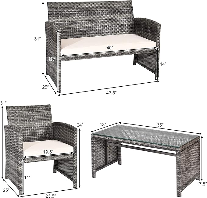 DORTALA 4 Piece Patio Furniture Set, Outdoor Wicker Conversation Set with Soft Cushions & Tempered Glass Coffee Table, Rattan Patio Sofa Bistro Sets for Courtyard Balcony, Beige