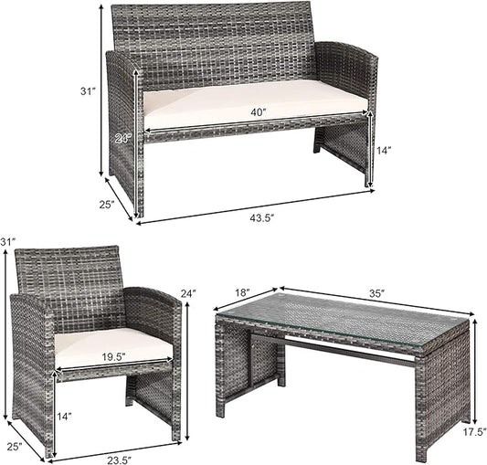 DORTALA 4 Piece Patio Furniture Set, Outdoor Wicker Conversation Set with Soft Cushions & Tempered Glass Coffee Table, Rattan Patio Sofa Bistro Sets for Courtyard Balcony, Beige