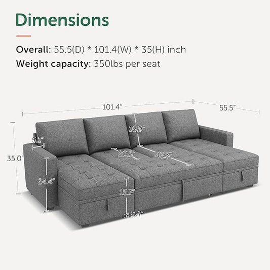 HONBAY Modular Sectional Sleeper Sofa with Pull Out Bed, Linen Convertible L Shaped Couch with Storage Seat, Sectional Couches for Living Room, Grey