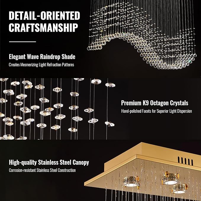Siljoy 10-Lights Modern Crystal Chandeliers, Luxury Wave Raindrop Crystal Pedant Light Fixture, Rectangular Flush Mount Ceiling Light for Dining Room Living Room Kitchen Island 47 Inch