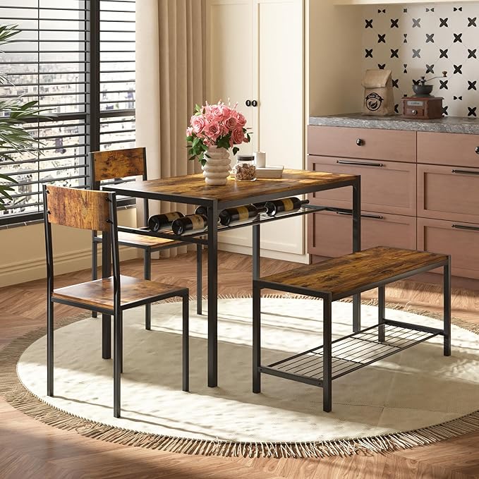 VECELO Kitchen Dining Room Table with 2 Chairs & Bench, Compact Space-Saving Design, Easy Assembly Steel Frame, Perfect for Small Apartments & Breakfast Nooks，Industrial