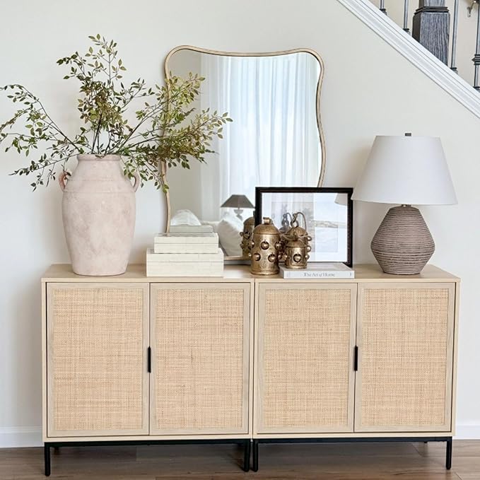 Nathan James Andrew Bohemian TV Stand or Kitchen Sideboard Credenza, Rattan Accent Cabinet with Metal Legs, Light Oak/Matte Black, Set of 3