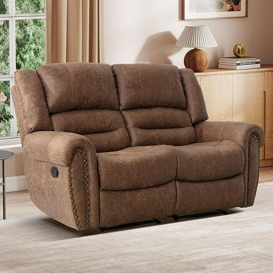EBELLO Faux Leather Manual Loveseat Recliner, 2 Seat Reclining Sofa Chair with Soft Padded Seat Backrest, Couch Sofa Set for Living Room, Bedroom Furniture, Meeting Room, Brown (Loveseat)