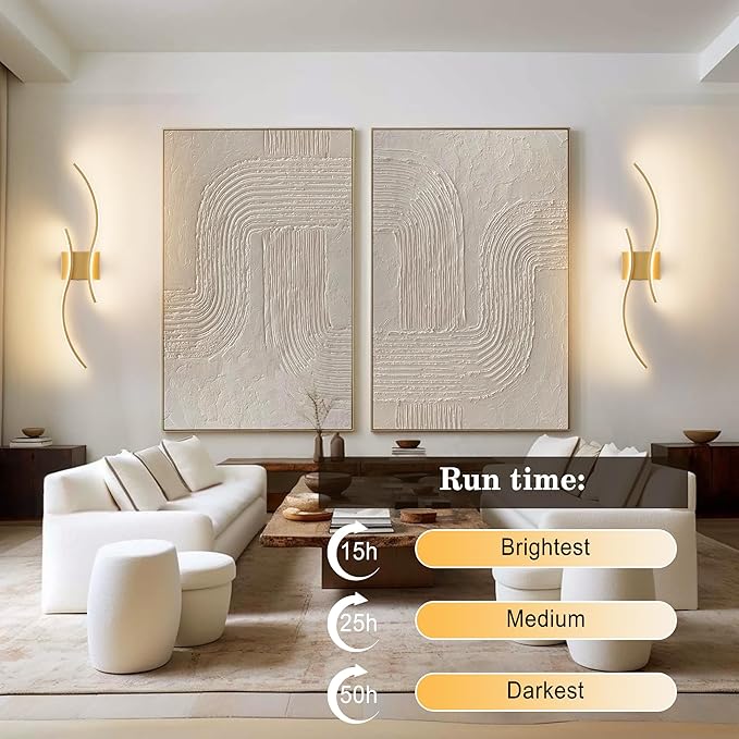 Battery Operated Wall Sconces Set of Two with Remote Control, Battery Wall Light, Stepless Colors 3000K-6000K & Dimming, Gold Led Wall Lights for Living Room, Hallway, Bedroom, 31.5 Inch (2 Pack)