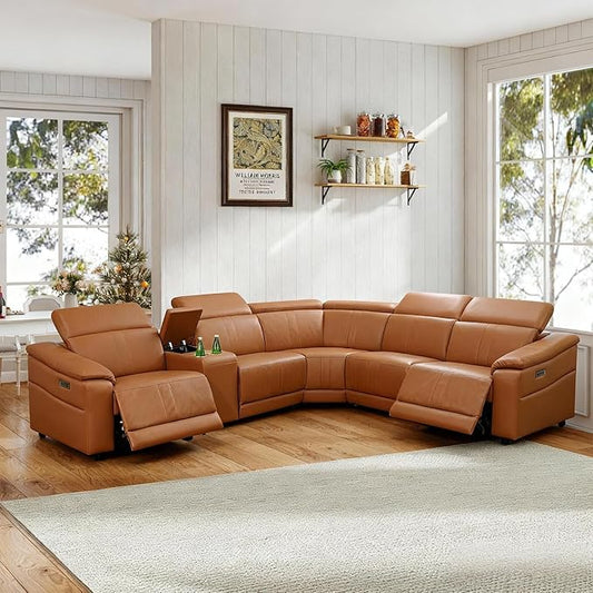 Power Reclining Sectional Sofa for Living Room - Leather Recliner with Console, Cup Holders & USB Ports for Family Movie Nights, Guests, and Everyday Comfort