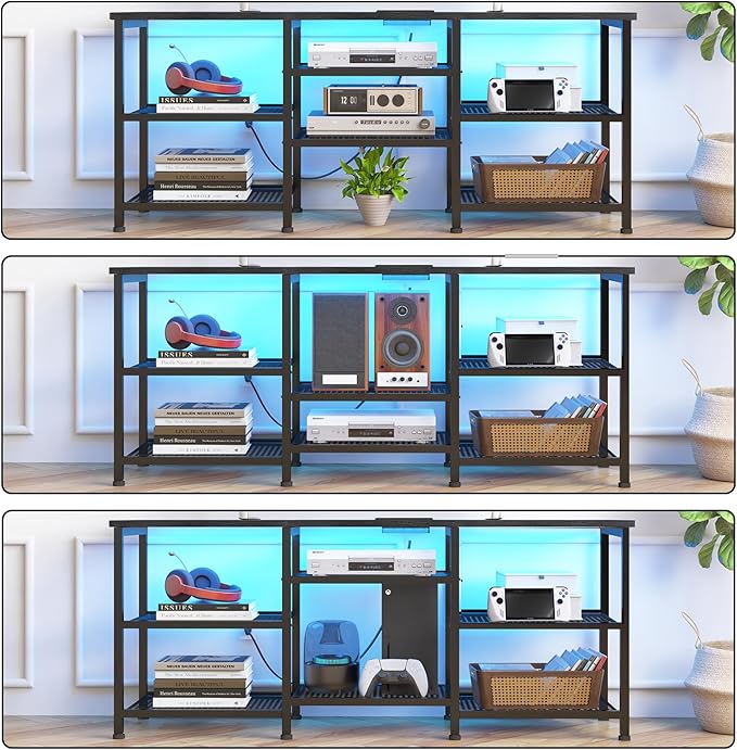 YGEOMER TV Stand for TVs Up to 55 Inches, Entertainment Center with Power Outlet and LED Lights Open Storage Shelves, TV Media Console Table for Living Room and Bedroom, Black
