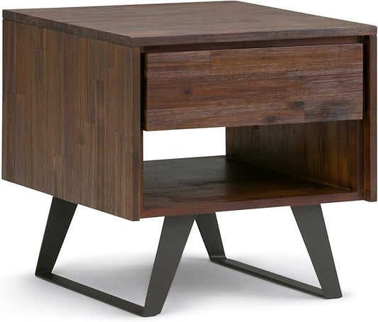 SIMPLIHOME Lowry End Table - 22 inch Wide Solid Acacia Wood Square Accent Table with Drawer and Open Shelf in Distressed Charcoal Brown, Modern Industrial Lamp Stand with Angled Legs for Living Room