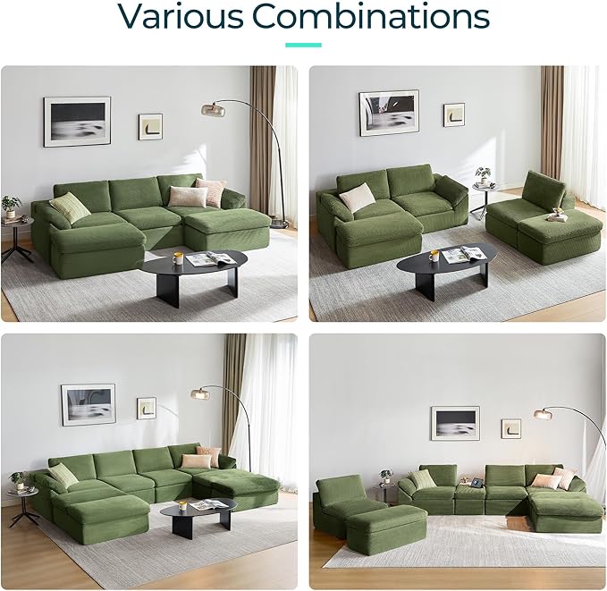 LINSY HOME 109" Modular Couch Modern Boneless Cloud Couch, U Shaped Sofa with Movable Ottomans, Deep Seat Corduroy Sectional Couches for Living Room, Apartment, No Assembly Required, Green