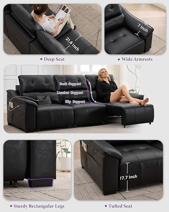 TYBOATLE Electric Reclining Sectional Couch, Power Recliner Sofa w/USB & Type-C Charging Ports and Cup Holders, Leather Reclining Sofa for Living Room, Home Theater