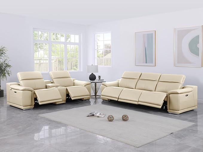 Blackjack Furniture Venice Top Grain Italian Leather Power Recline 6 Piece 5 Seater Sofa - 107" Theater Seating Modern Couch for Living Room Apartment with Adjustable Headrests & USB Port, Beige