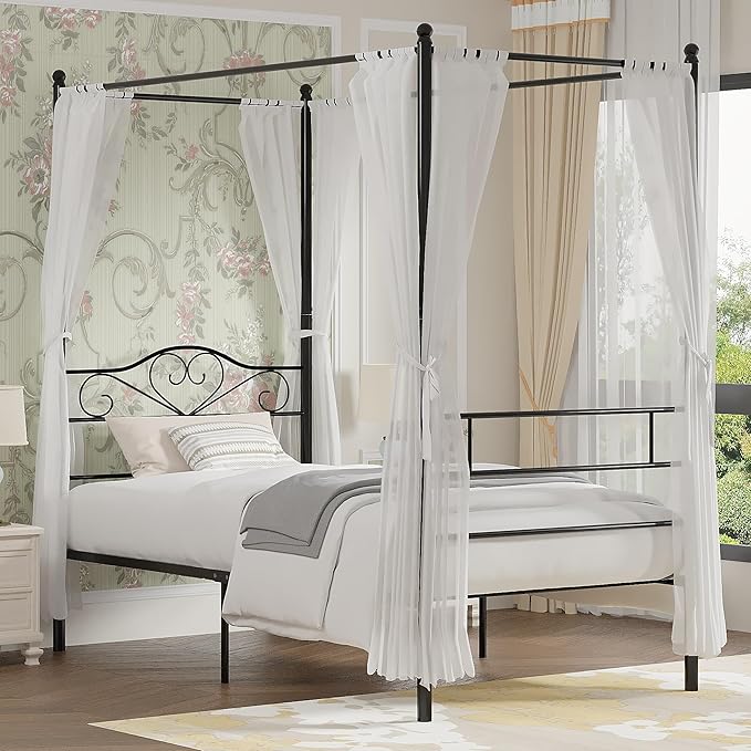 VECELO Twin Canopy Bed Frame with Headboard and Footboard, Metal Four Posters Design, Mattress Foundation Platform with Steel Slats Support, Underbed Storage Space, No Box Spring Needed, Black