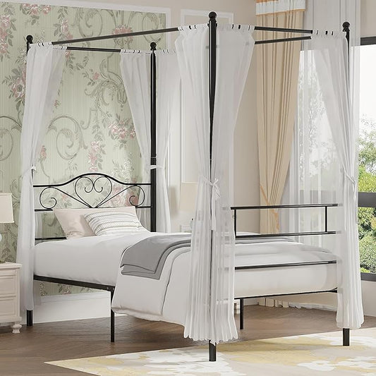 VECELO Twin Canopy Bed Frame with Headboard and Footboard, Metal Four Posters Design, Mattress Foundation Platform with Steel Slats Support, Underbed Storage Space, No Box Spring Needed, Black